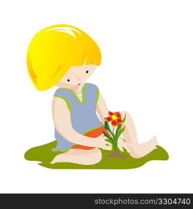 Cute boy planting a flower, clip art