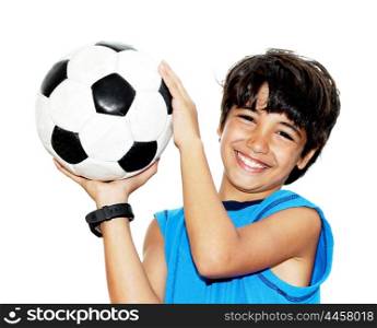 Cute boy playing football, happy child, young male teen goalkeeper enjoying sport game, holding ball, isolated portrait of a preteen smiling and having fun, kids activities, little footballer