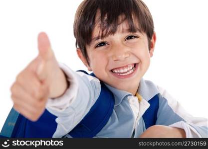 Cute boy showing ok sign on white background