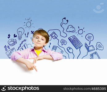 Cute boy with banner. Image of little cute with blank banner against color background