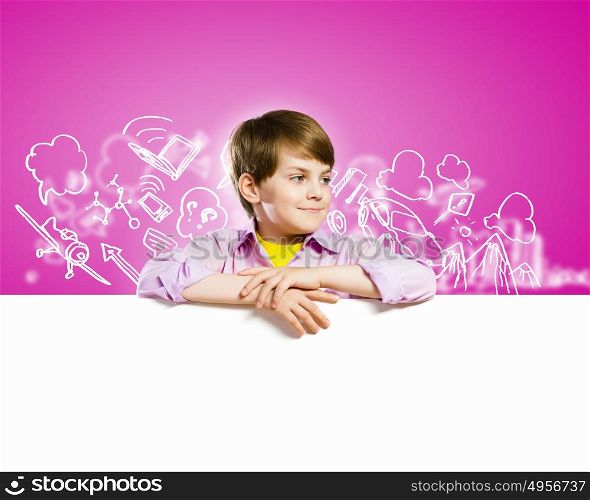 Cute boy with banner. Image of little cute with blank banner against color background