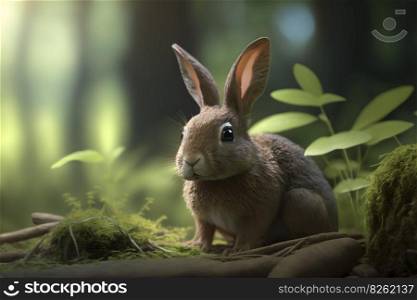 Cute brown hare, lepus europaeus, jumping closer on grass in spring nature. Young brown rabbit coming forward in green wilderness. Neural network AI generated art. Cute brown hare, lepus europaeus, jumping closer on grass in spring nature. Young brown rabbit coming forward in green wilderness. Neural network AI generated
