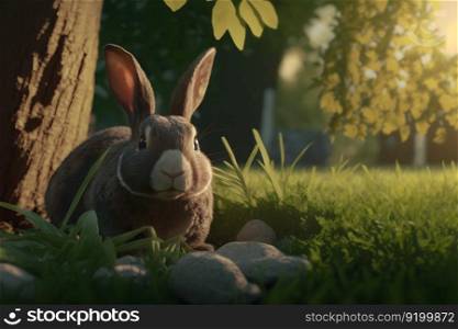 Cute brown hare, lepus europaeus, jumping closer on grass in spring nature. Young brown rabbit coming forward in green wilderness. Neural network AI generated art. Cute brown hare, lepus europaeus, jumping closer on grass in spring nature. Young brown rabbit coming forward in green wilderness. Neural network AI generated