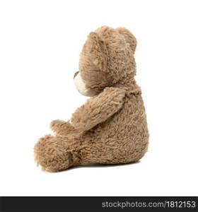 cute brown teddy bear sitting sideways on white isolated background