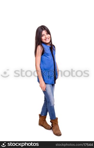 Cute brunette girl posing over white background