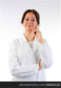 cute brunette in white medical gown