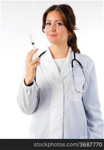 cute brunette in white medical gown in acting to make a puncture