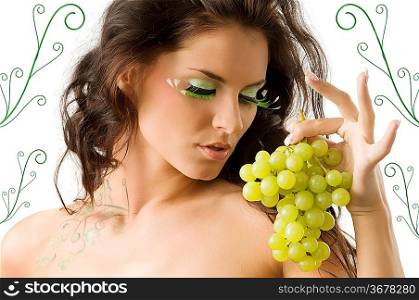 cute brunette with great green eylashes and some green grape