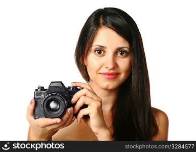 cute brunette with vintage film camera in hands isolated on white