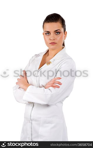 cute brunette woman in white gown as a medical doctor