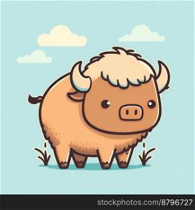 Cute buffalo drawing with clear clouds 3d illustrated