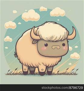 Cute buffalo drawing with clear clouds 3d illustrated