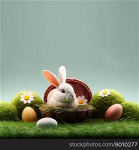 cute bunny and decorative eggs on green lawn and flowers for easter holiday celebration background greeting card with copy space