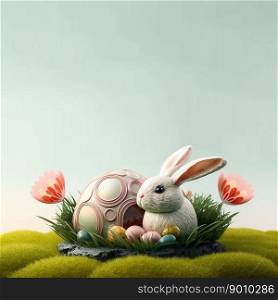 cute bunny and decorative eggs on green lawn and flowers for easter holiday celebration background greeting card with empty space