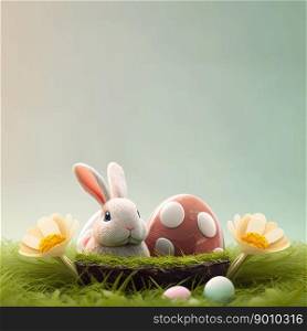 cute bunny and decorative eggs on green lawn and flowers for easter celebration background greeting card