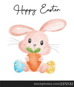 cute bunny rabbit girl smile hug easter egg nursery baby cartoon watercolour vector, Happy Easter