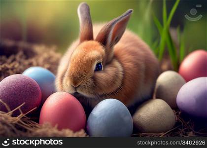 Cute bunny rabbit in nest with painted easter eggs and flower, holiday festive background, happy easter concept 