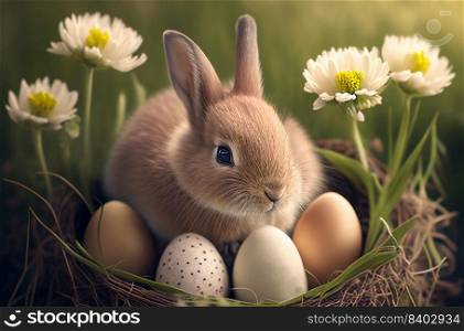 Cute bunny rabbit in nest with painted easter eggs and flower, holiday festive background, happy easter concept 