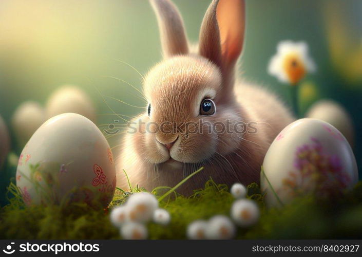 Cute bunny rabbit on green grass with painted easter eggs and flower, holiday festive background, happy easter concept 