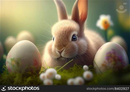 Cute bunny rabbit on green grass with painted easter eggs and flower, holiday festive background, happy easter concept 