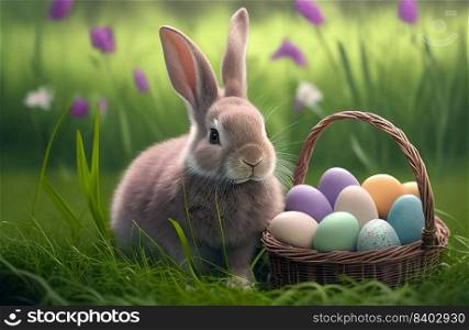 Cute bunny rabbit on green grass with painted easter eggs in basket and flower, holiday festive background, happy easter concept 