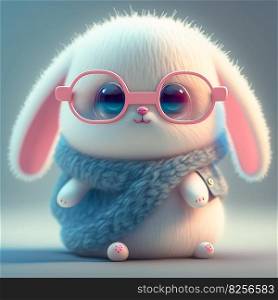 Cute bunny with a Beanie hat and glasses making a silly face against a fun background AI generated
