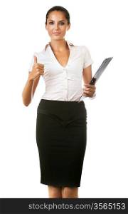 cute business woman with black folder in hand on white background