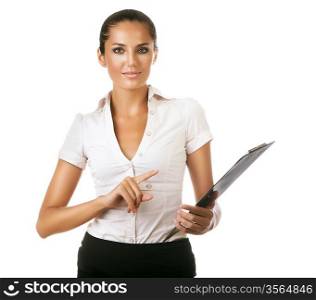cute business woman with black folder on white background