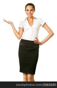 cute businesswoman in black skirt and white top on white background