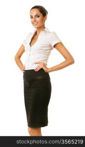 cute businesswoman in black skirt on white background