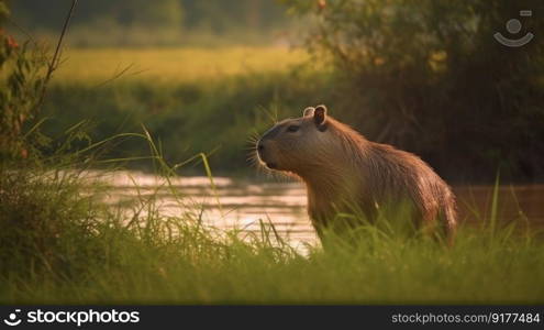 Cute capybara in nature. Illustration Ge≠rative AI 