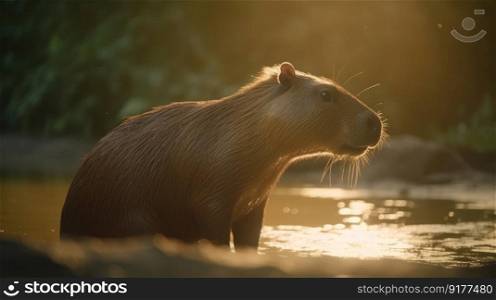 Cute capybara in nature. Illustration Generative AI
