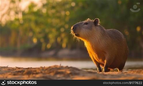 Cute capybara in nature. Illustration Generative AI 