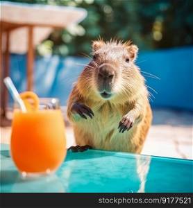 Cute capybara with summer cocktail. Illustration Generative AI 