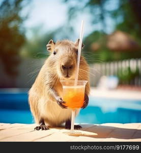 Cute capybara with summer cocktail. Illustration Generative AI
