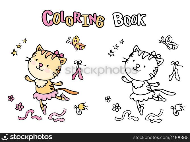 Cute cartoon ballet dancer cat,coloring book with kitten,isolated on white background,vector illustration