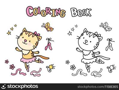 Cute cartoon ballet dancer cat,coloring book with kitten,isolated on white background,vector illustration