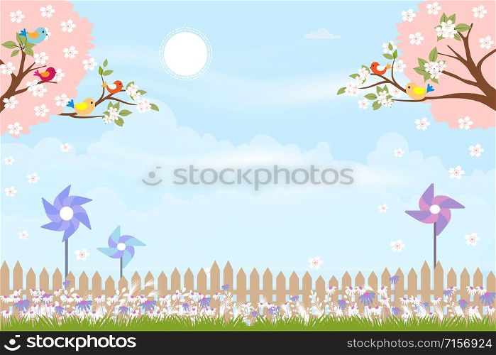 Cute cartoon card for spring season with mini windmill behind wooden fence, illustration Summer creative background with copy space,Template for your text. Nature landscape with blue sky