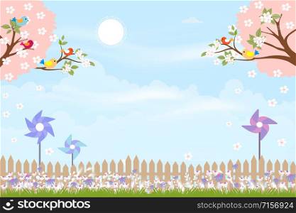 Cute cartoon card for spring season with mini windmill behind wooden fence, illustration Summer creative background with copy space,Template for your text. Nature landscape with blue sky