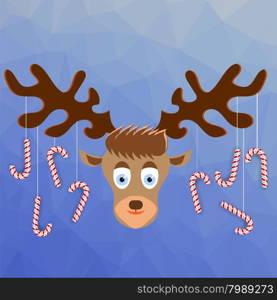 Cute Cartoon Deer with Candy Canes on the Horns on Winter Blue Ice Background. Polygonal Pattern. Symbols of Christmas. Cute Cartoon Deer