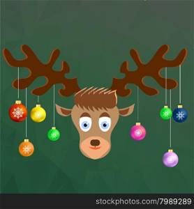 Cute Cartoon Deer with Colorful Glass Balls on the Horns on Winter Green Ice Background. Polygonal Pattern. Symbols of Christmas. Cute Cartoon Deer with Colorful Glass Balls