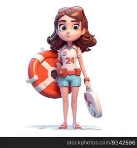 Cute cartoon girl with a lifebuoy. 3d rendering