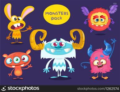 Cute cartoon monsters and alien characters set. Halloween vector illustration