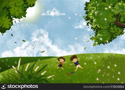 Cute cartoon of a boy and girl lying down on green grass in the park, Landscape spring field with happy two kids laying on the grass in sunny day. Children playing outdoor in summer