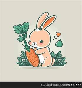 Cute cartoon rabbit holding a carrot on a color background. Generative AI