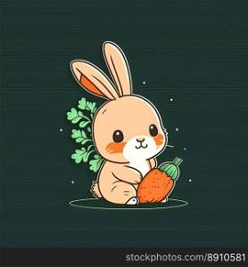 Cute cartoon rabbit holding a carrot on a color background. Generative AI