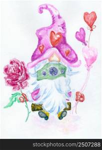 Cute cartoon retro nordic gnome with heart, Valentine&rsquo;s Day hand drawn illustration.
