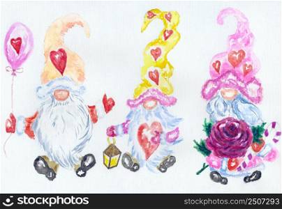 Cute cartoon retro nordic gnomes with heart, Valentine&rsquo;s Day hand drawn illustration.