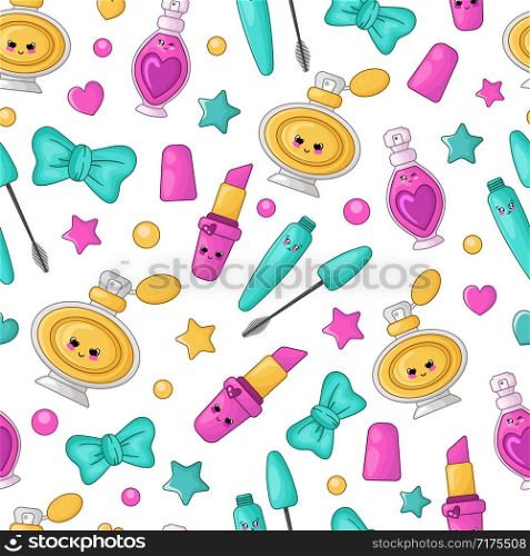 Cute cartoon seamless pattern with kawaii cosmetics - pink lipstick, mascara, perfume, turquoise bow, woman stuff or girls fashion accessory, vector flat illustration. Kawaii Girls Stuff