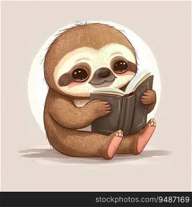 Cute cartoon sloth reading book, wildlife character teaching or educating, ai generated illustration. Funny colorful animal with fairy tale book, lazy sleepy slot kids toy. Cartoon sloth reading book, fantasy bear animal